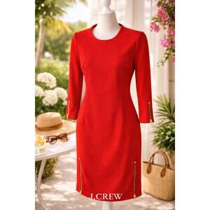 J.Crew Red Sheath Dress Gold Zipper Detail 3/4 Sleeve Size 0